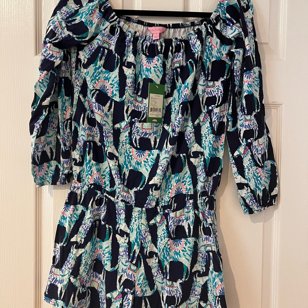 Lilly Pulitzer Navy and Aqua Alpaca My Bags Romper